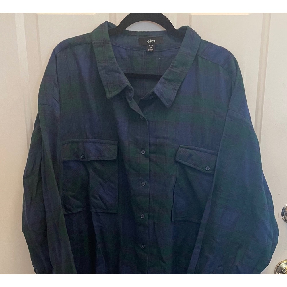 Ellos Navy Blue Green Plaid Flannel Shirt 100% Cotton Womens  2X‎ 26/28 Forest